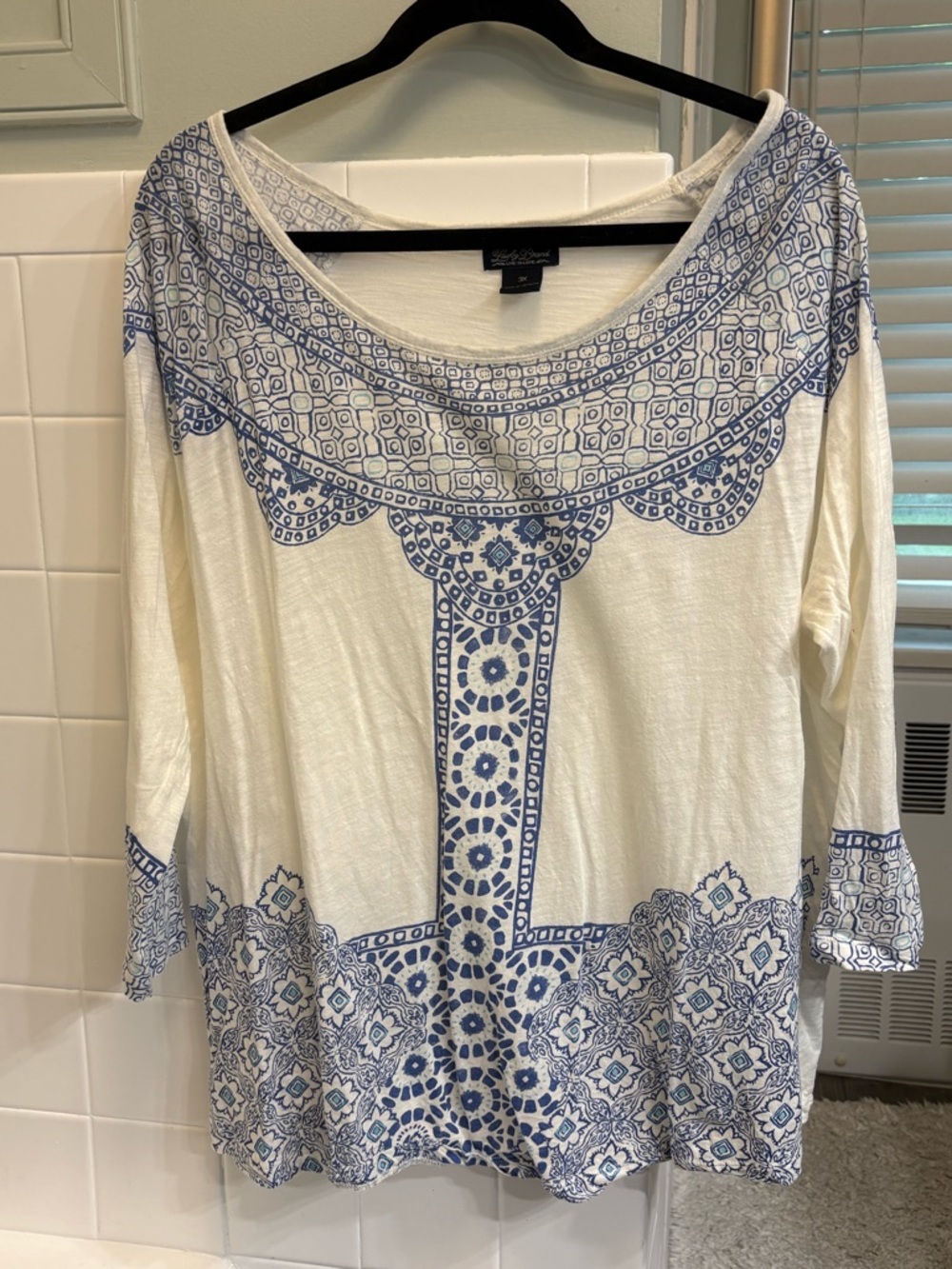 Lucky Brand White Tunic with Blue Geometric Print